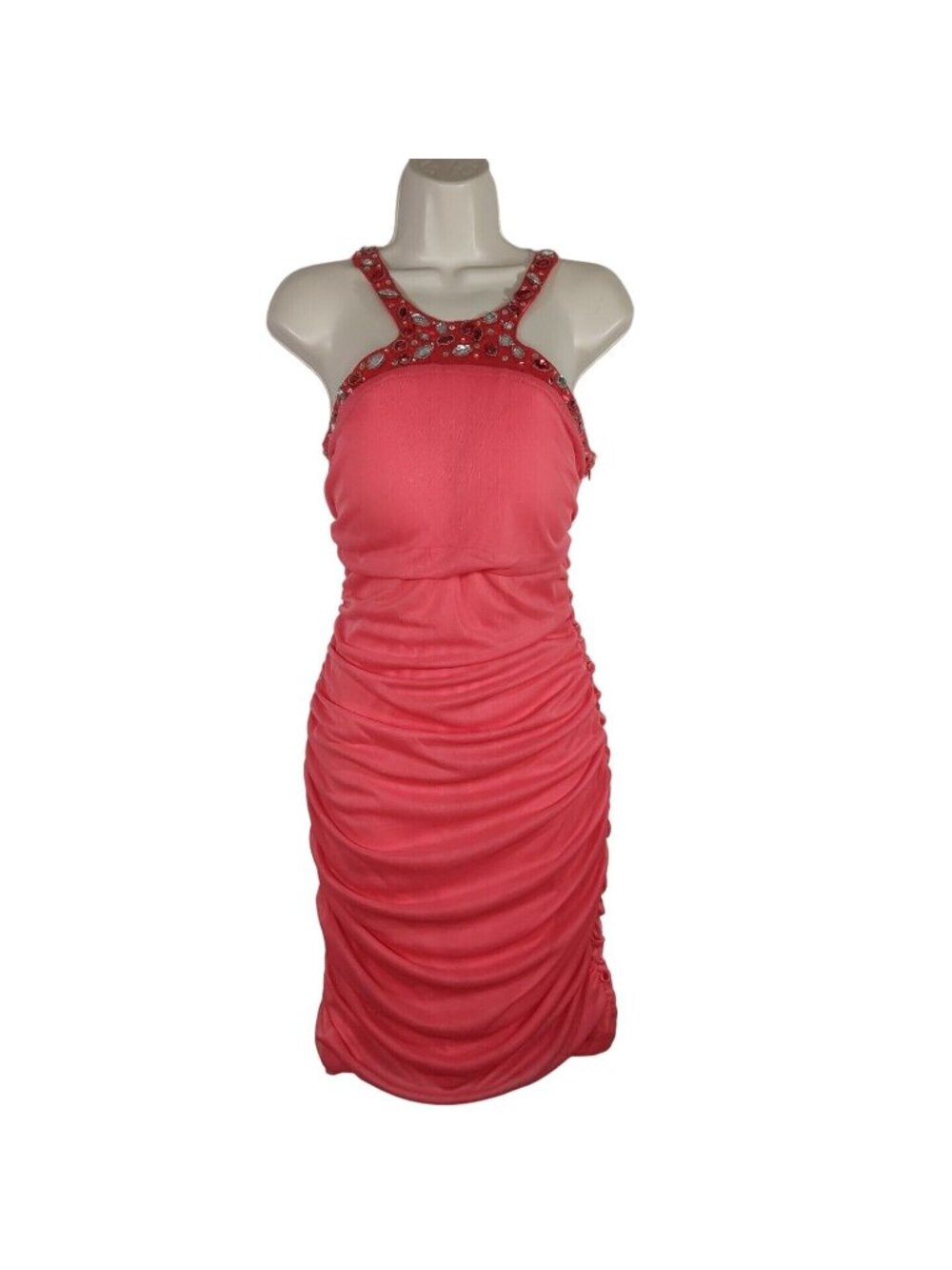 Sequin Heart Jeweled Trim Bodycon Sheath Dress Juniors Size 11 Coral Padded Y2K